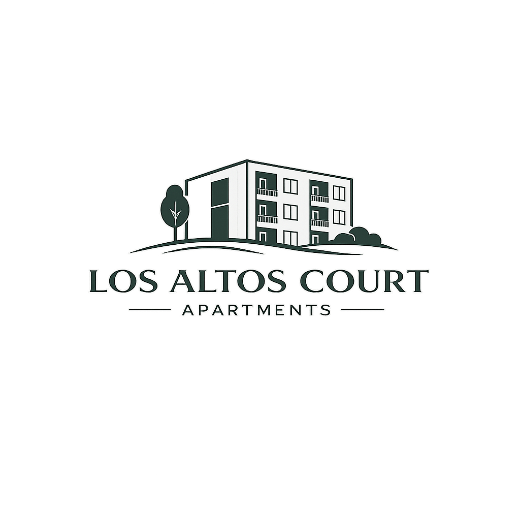 The image is a logo for Los Altos Court Apartments, featuring a stylized building and a tree.